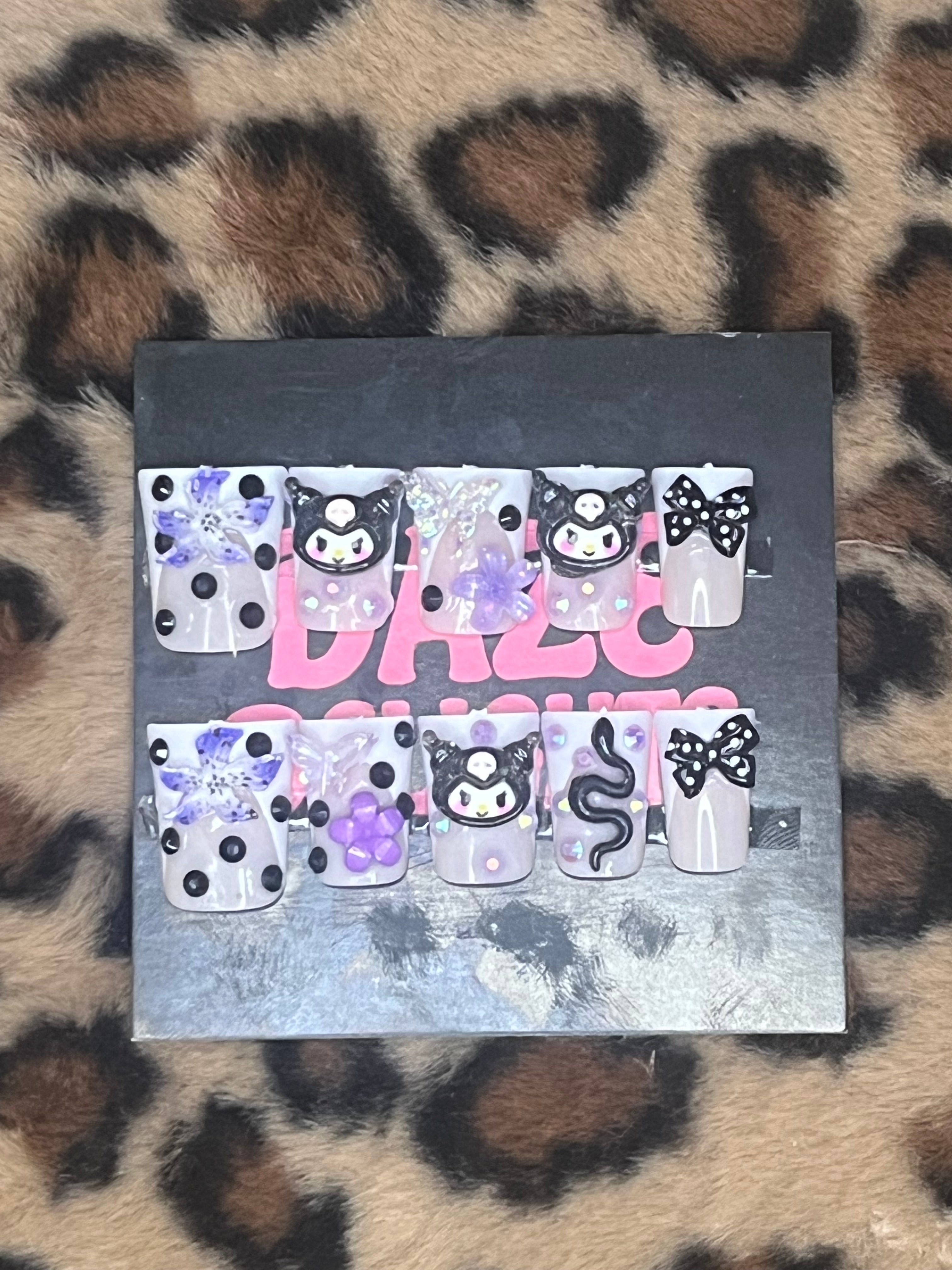 large black and purple kuromi press on nails
