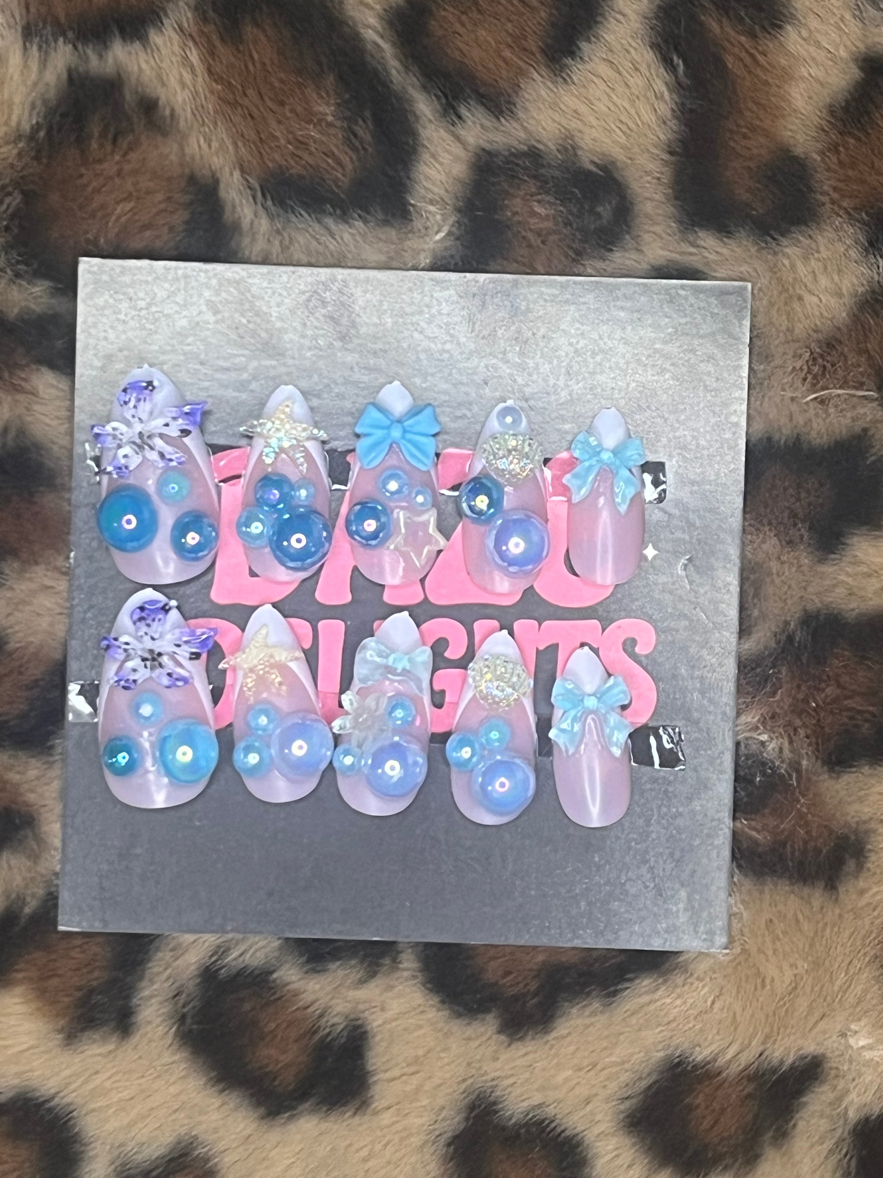 large blue almond press on nails