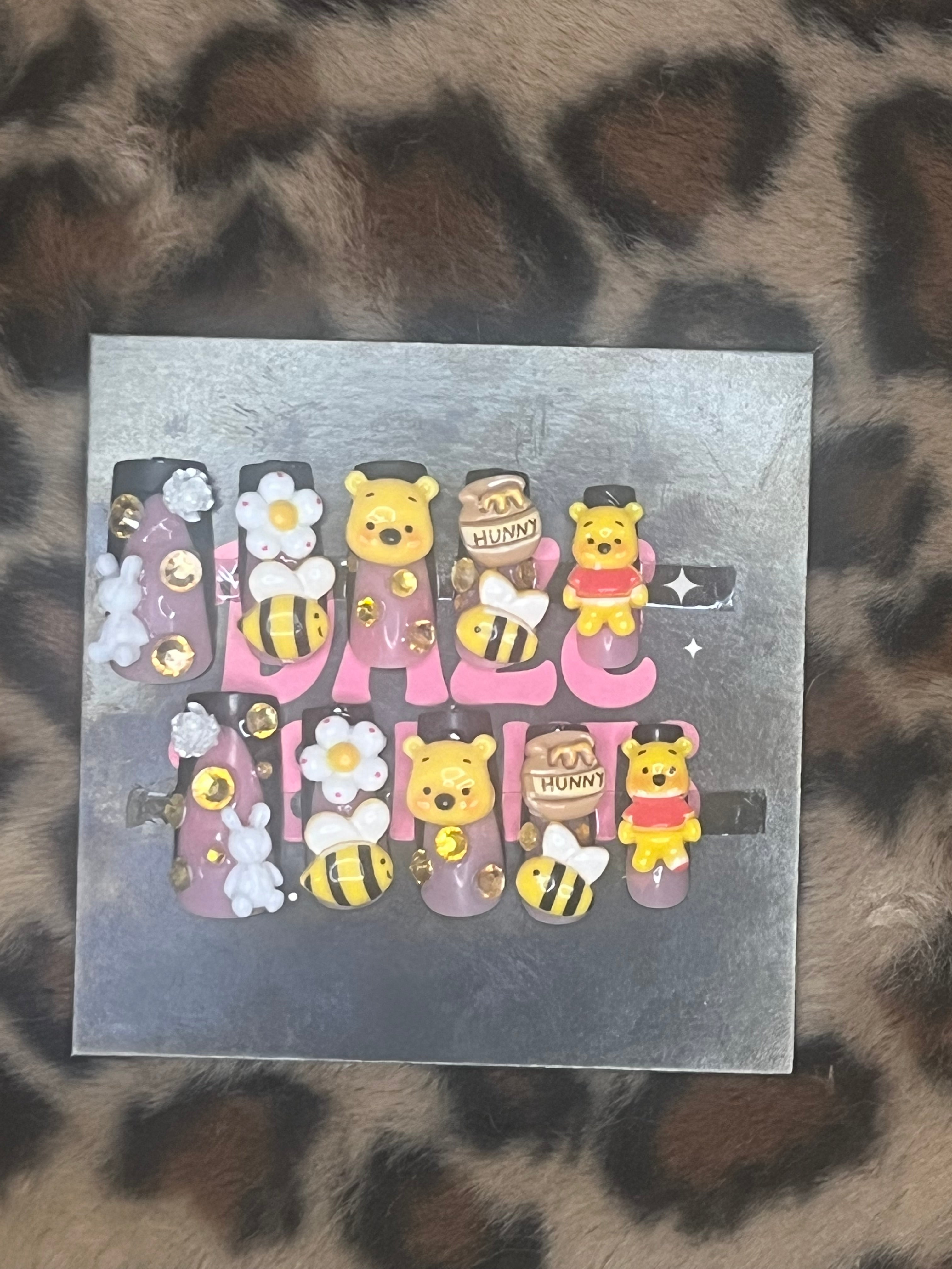 medium white and yellow pooh bear press on nails